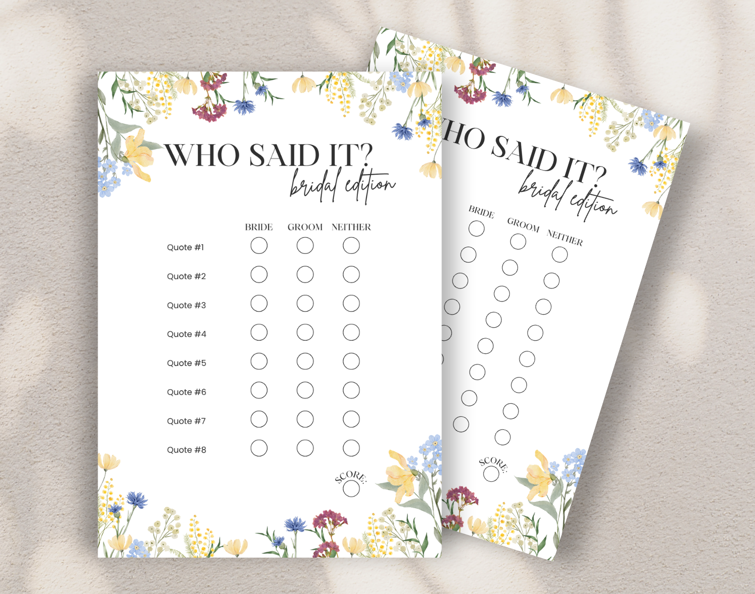 Two floral-themed bridal shower game cards on a neutral background.