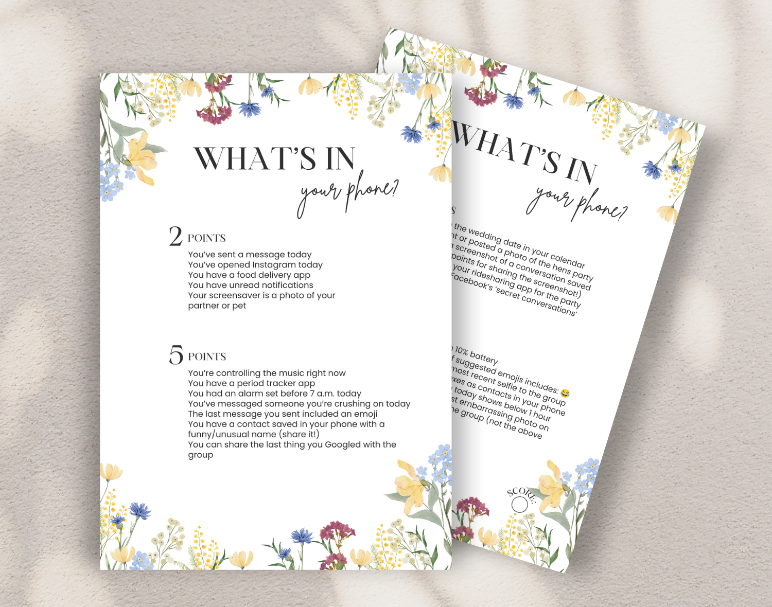Two 'what's on your phone' bridal shower game cards floral designs on a light background.