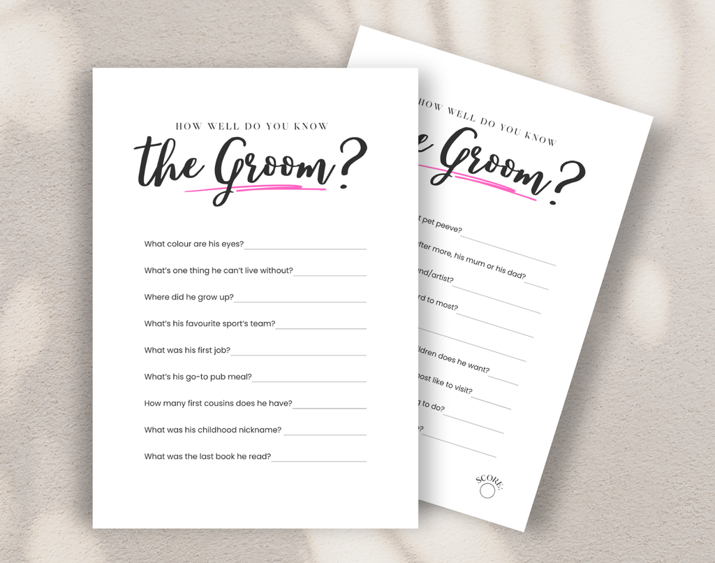 Two hen night game sheets titled 'How well do you know the Groom?' against a white background.