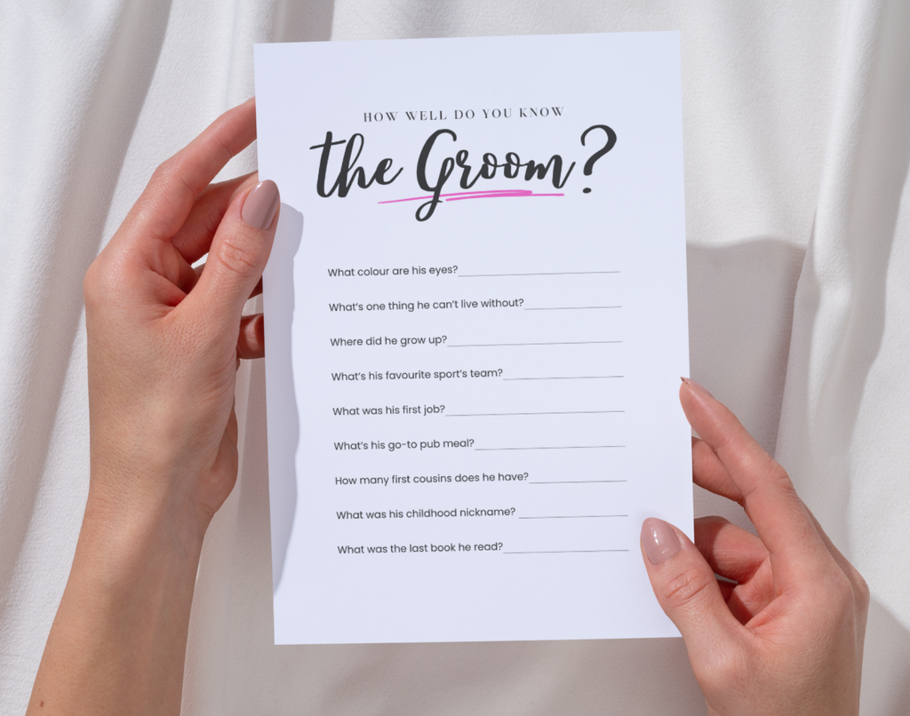 Two hands hold a hen do game sheet titled 'How well do you know the Groom?' against a white background.