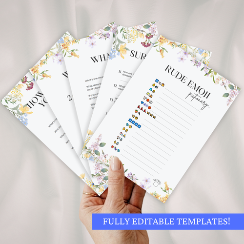 Hand holding a set of bachelorette party game cards with floral design on a gray background.