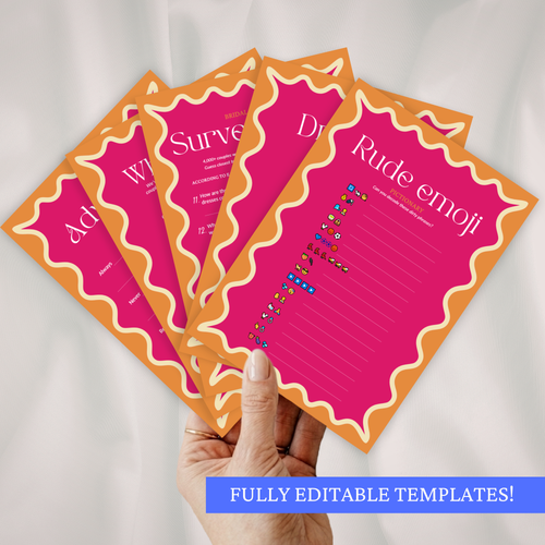 A hand holding a stack of bachelorette party / hen night game cards. Each card features a pink and orange retro design. The bottom of the image reads 'FULLY EDITABLE IN CANVA'