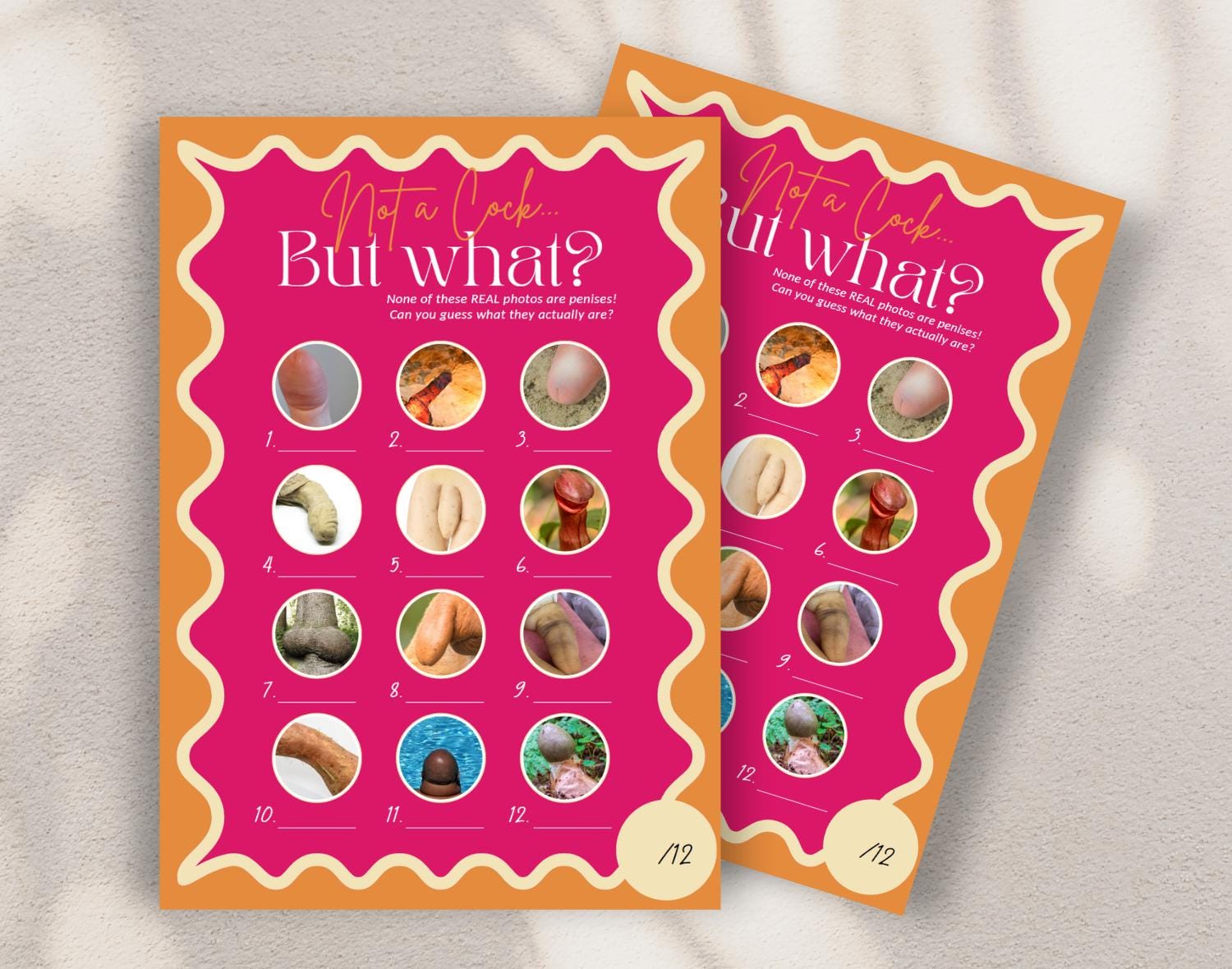 Two naughty bachelorette party game cards in retro pink against a white background.