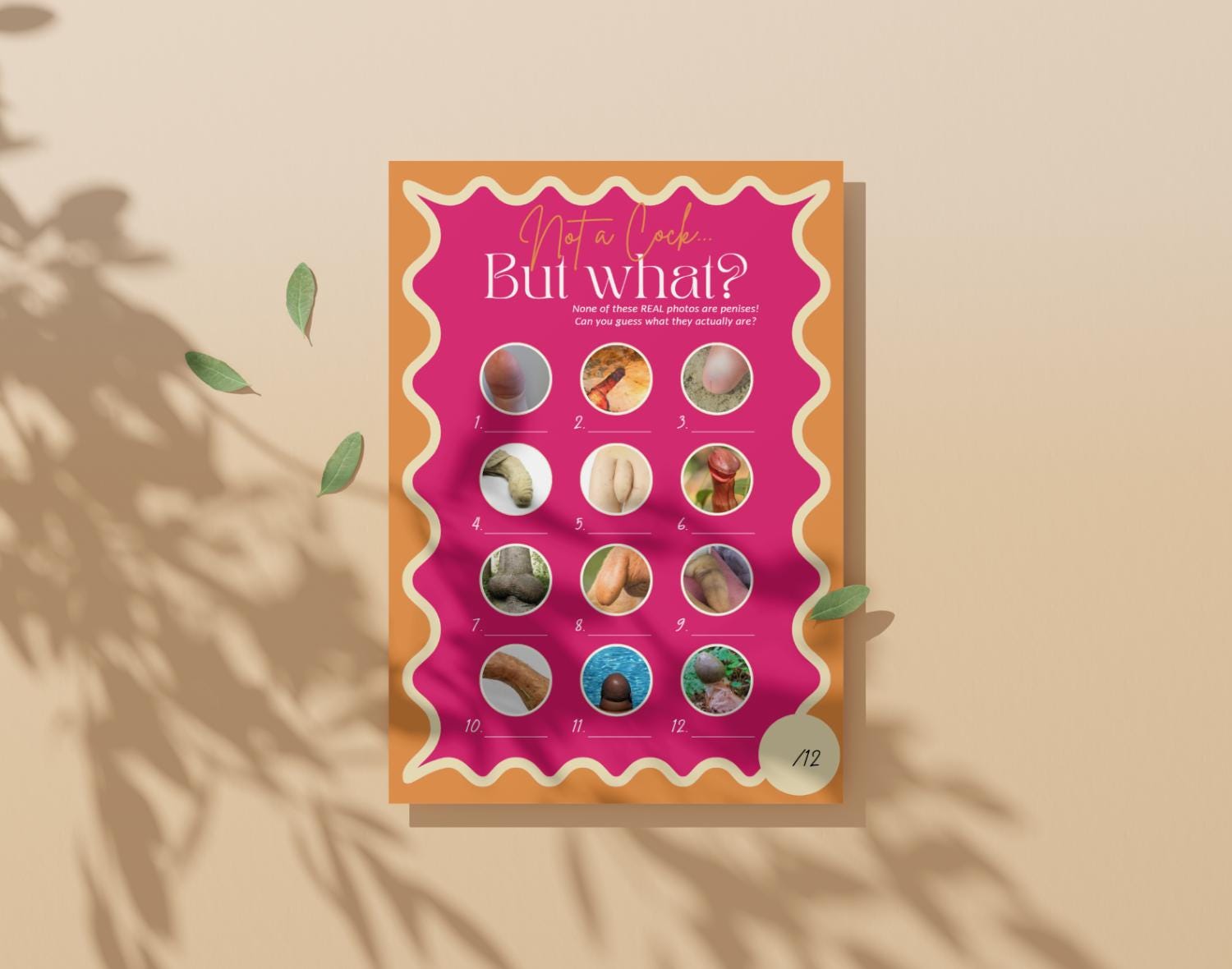 One naughty bachelorette party game card in retro pink against a beige background.