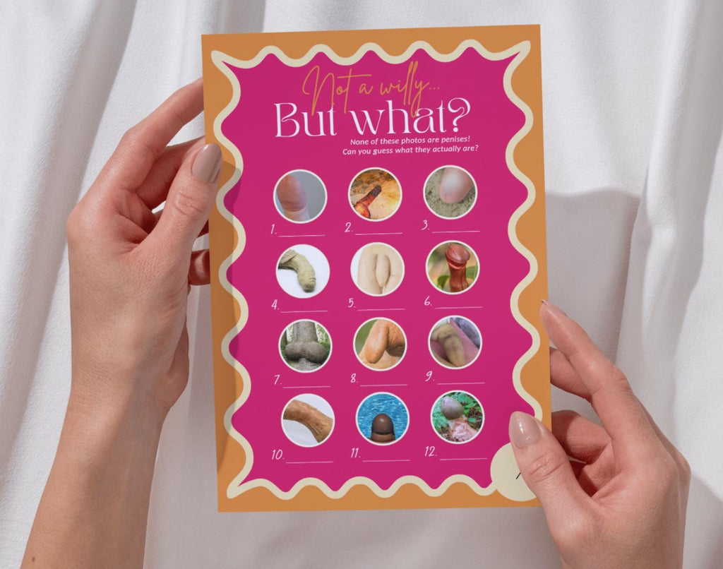 Two hands holding up a 'Willy or what'-style hen do game card on a white background.