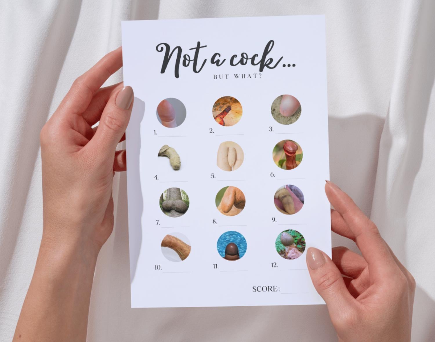 Two hands holding a cheeky bachelorette party game card on a white background.