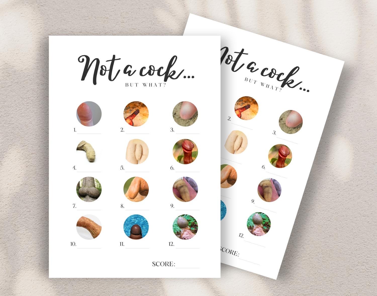 Multiple cheeky bachelorette party game sheets for hen parties on a white background.