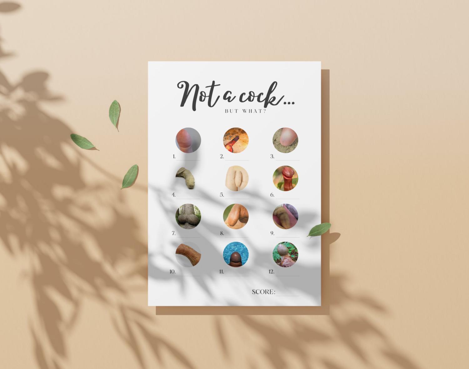 One cheeky bachelorette party game card on a beige background.