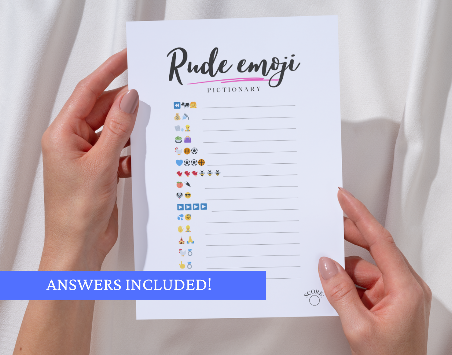 One rude emoji pictionary hen do game card held by two hands against a white background.