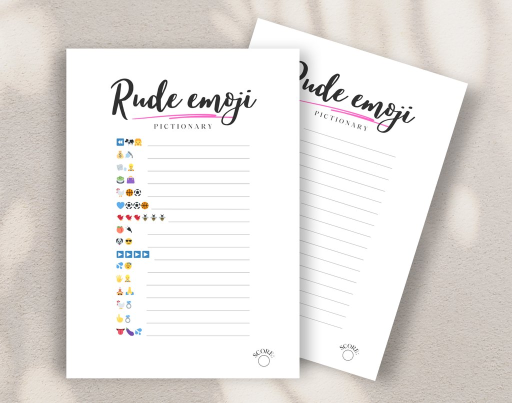 Two rude emoji pictionary bachelorette party games against a white background.