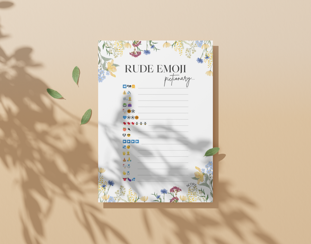 Bridal emoji pictionary game card (rude edition) on a beige background