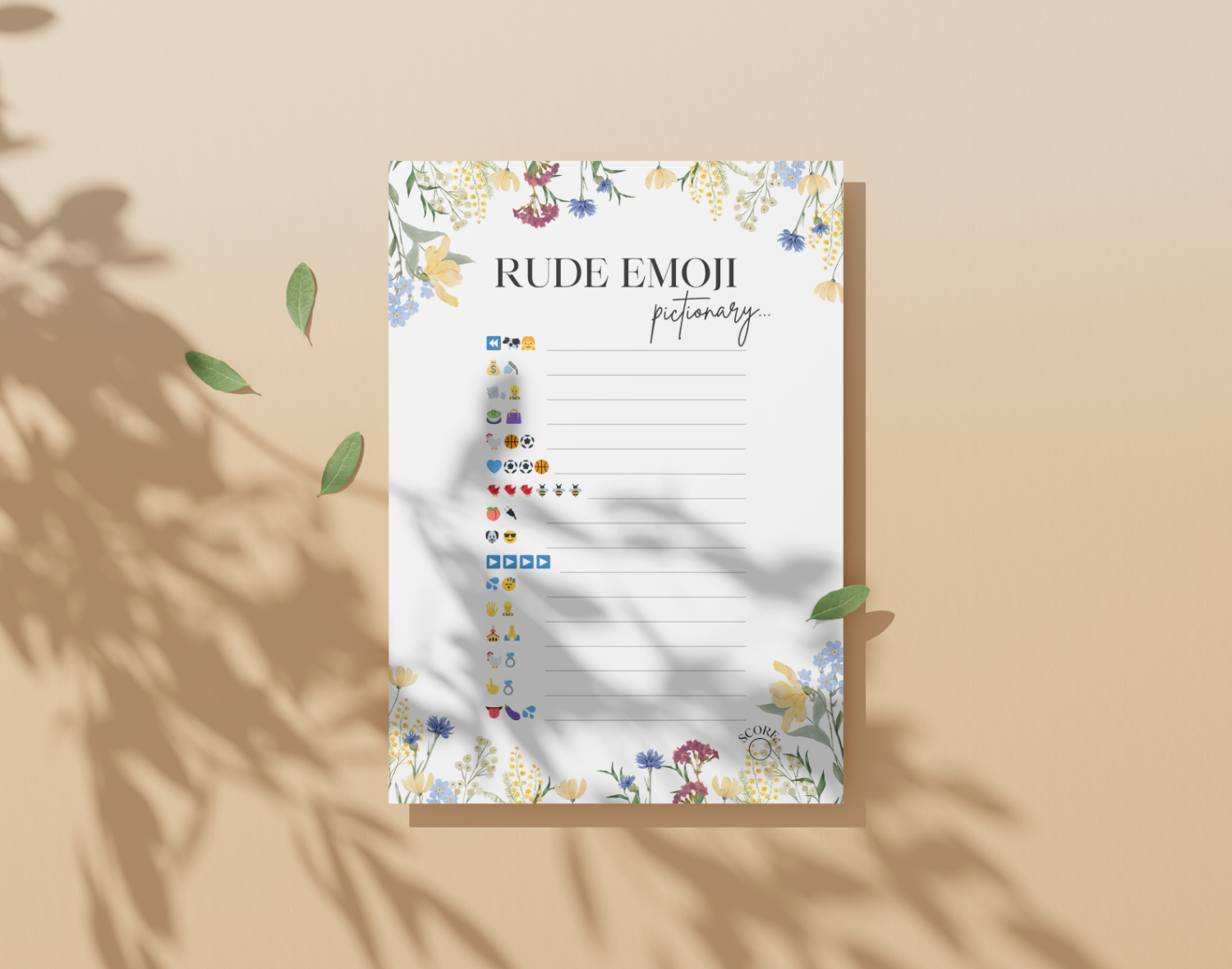Bridal emoji pictionary game card (rude edition) on a beige background