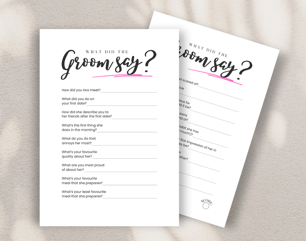 Two bachelorette party game sheets titled 'What did the Groom say?' against a white background.