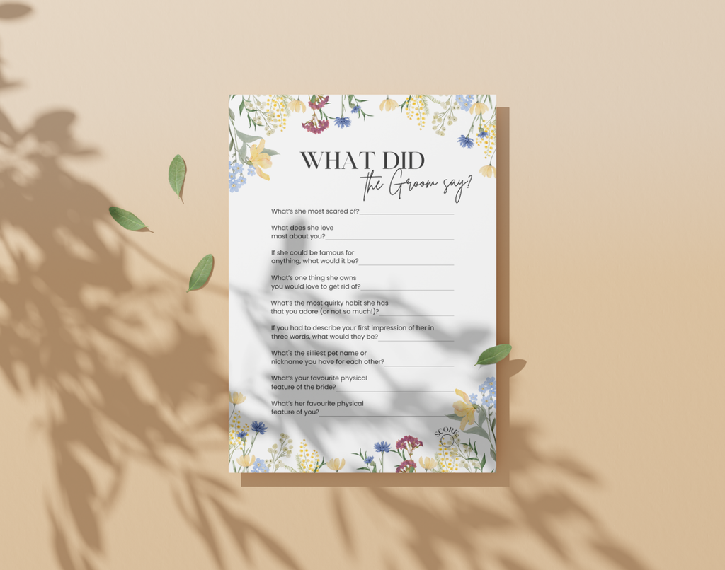 Floral-themed hen party game titled 'What Did the Groom Say?' on a beige background