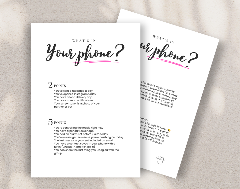Two bachelorette game sheets titled 'What's in your phone?' against a white background.