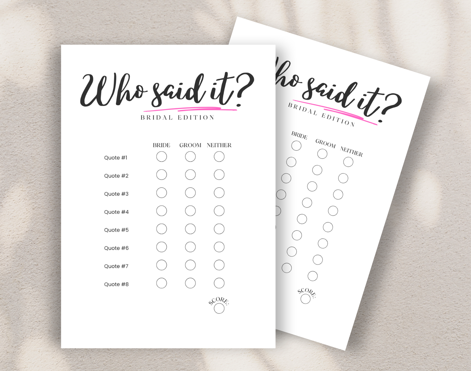 Two unique 'Who said it' Hen do quote game sheets against a white background.