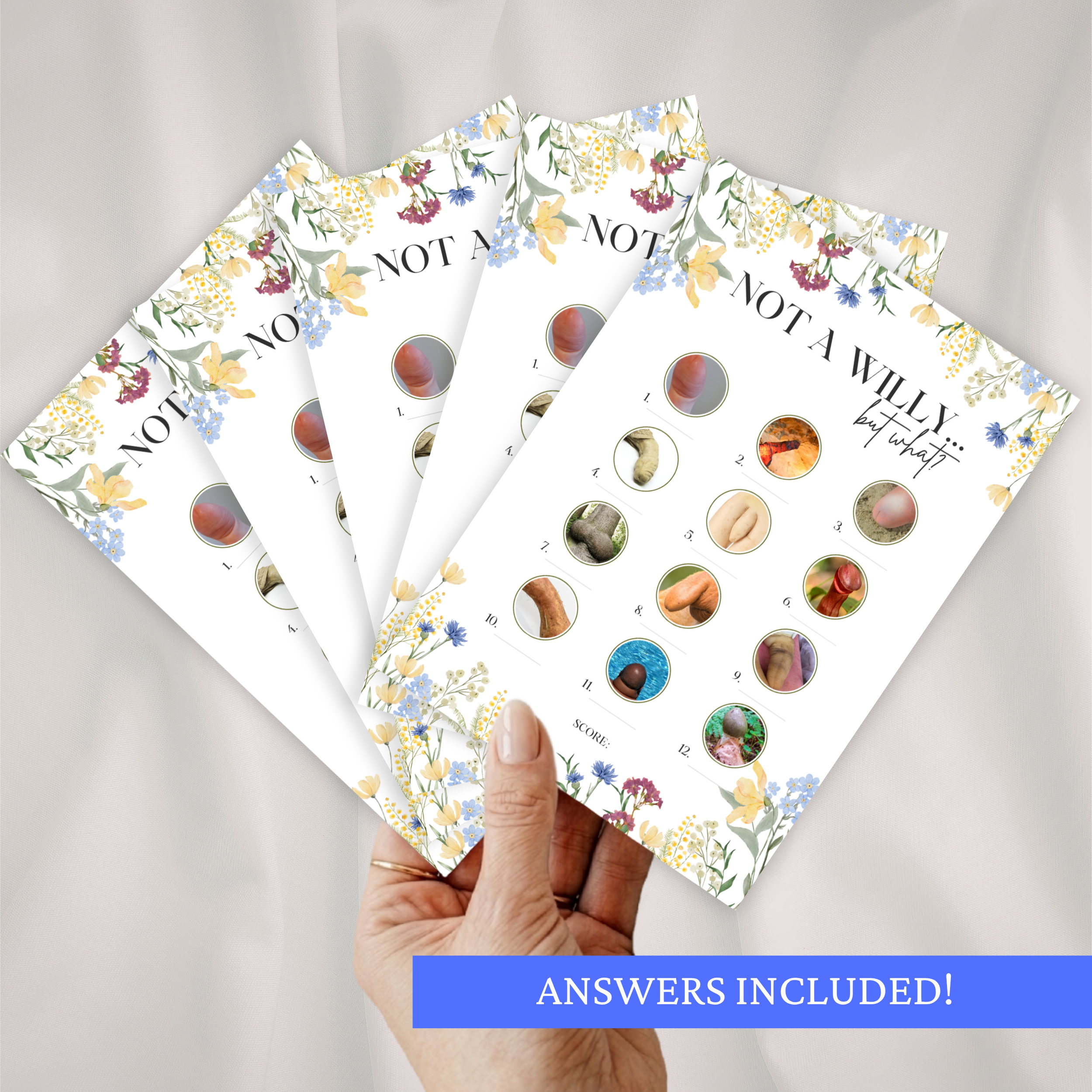 A hand holding multiple 'Willy or what'-style hen do game cards against a white background with text that says 'Answers included!'