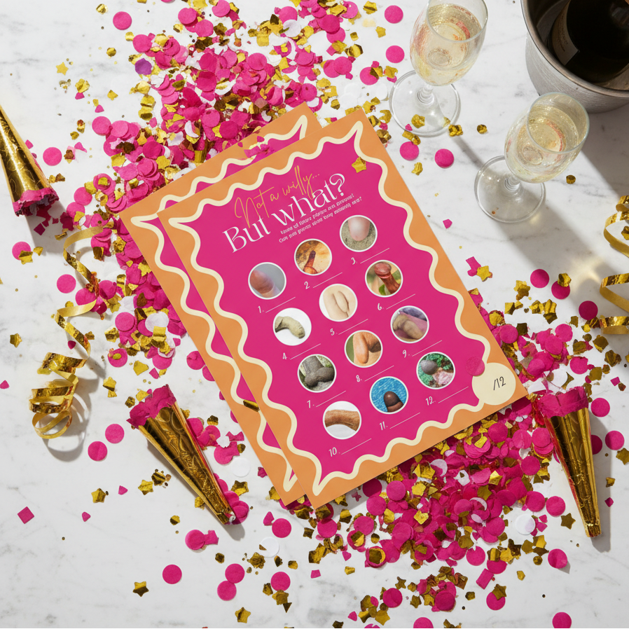 Multiple 'Willy or what'-style hen do game cards on a white marble background with hot pink confetti and champagne glasses.
