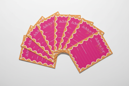 Set of pink and gold 'Advice for the bride' cards on a white background