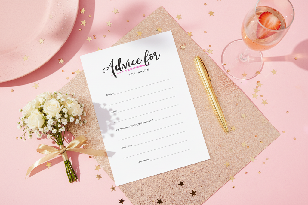One 'Advice for the bride' card on a pink table with confetti and flowers and a pen.