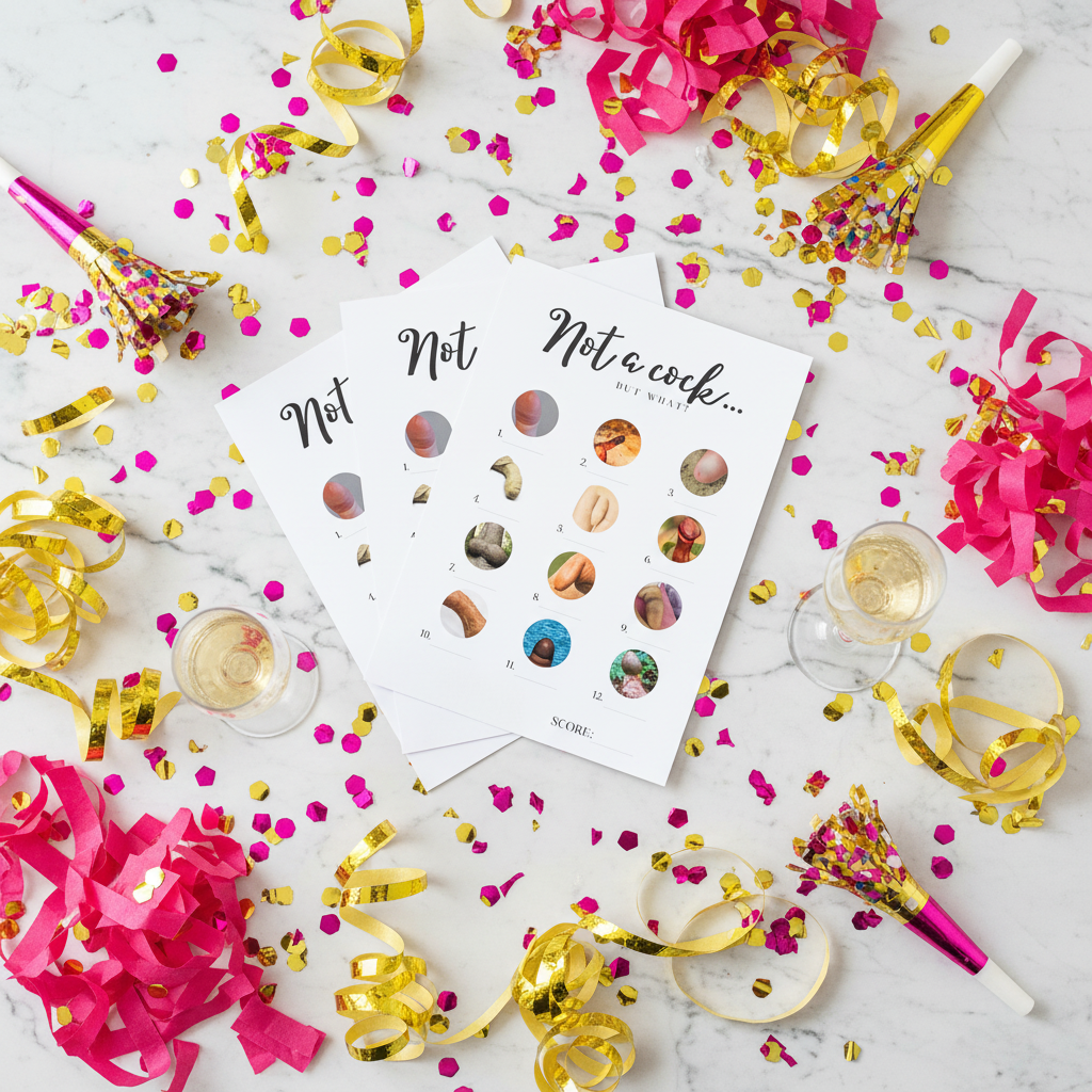 Three bachelorette party game cards on a marble background with hot pink confetti and streamers.