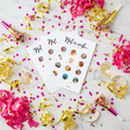 Three bachelorette party game cards on a marble background with hot pink confetti and streamers.