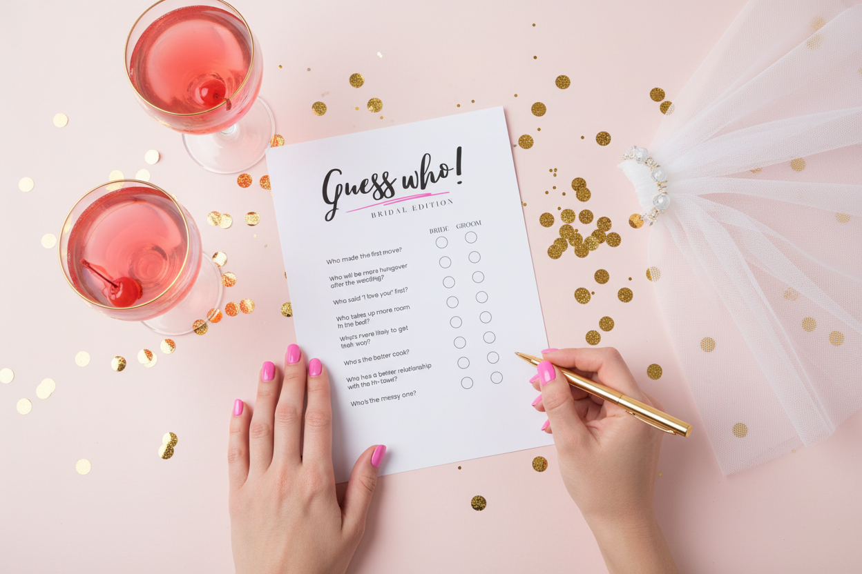 One 'Guess who' bridal shower game sheet on a pink table with two hands  and confetti.