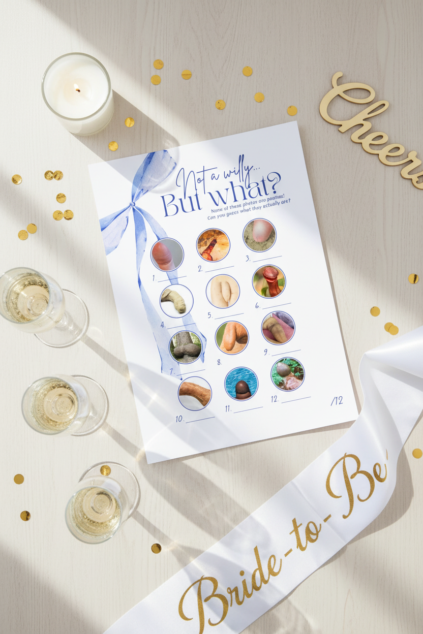 One 'Willy or what'-style Hen party game on a table with 'Bride to be sash' and candle, confetti and champagne glasses next to the game sheet.