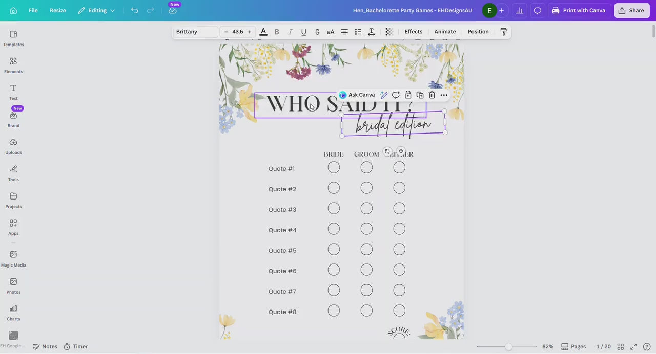 A video of a Canva workspace editing the bachelorette party games text, colour and more. 