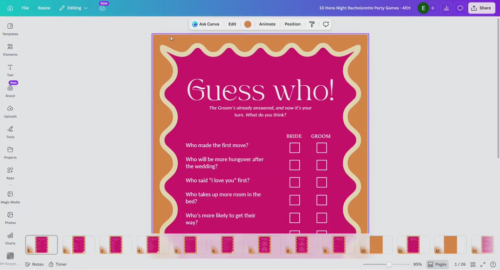 A video of a bachelorette party game template being edited in Canva.