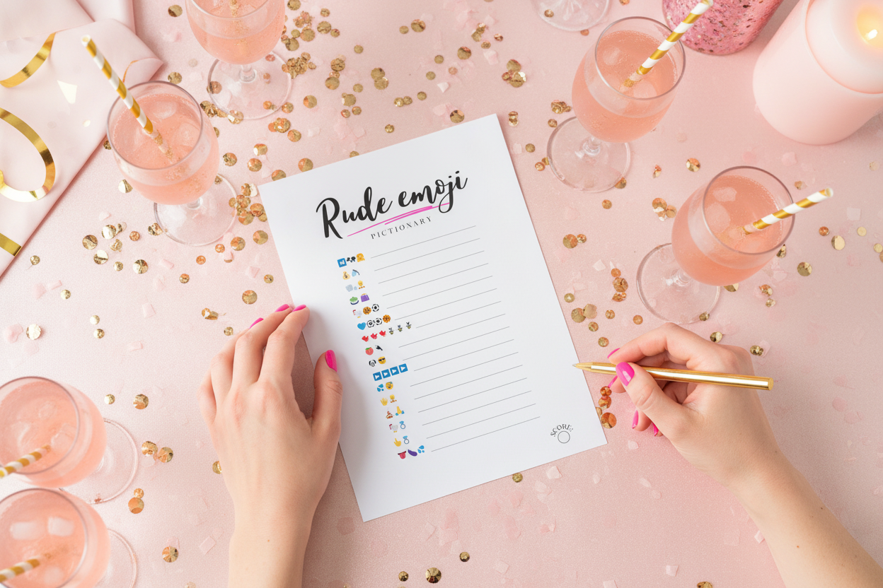 Rude emoji pictionary naughty bachelorette game on pink table with confetti and two hands.