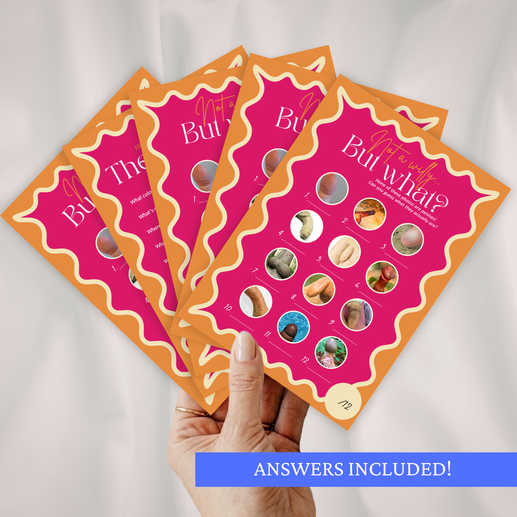 Multiple 'Willy or what'-style hen do game cards held by a hand with a white background.